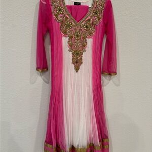 Pink and White Embroidered Anarkali Outfit, size 40